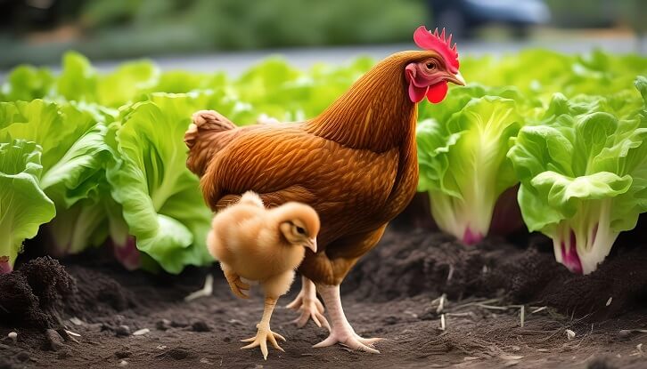 Chicken amongst lettuce plants