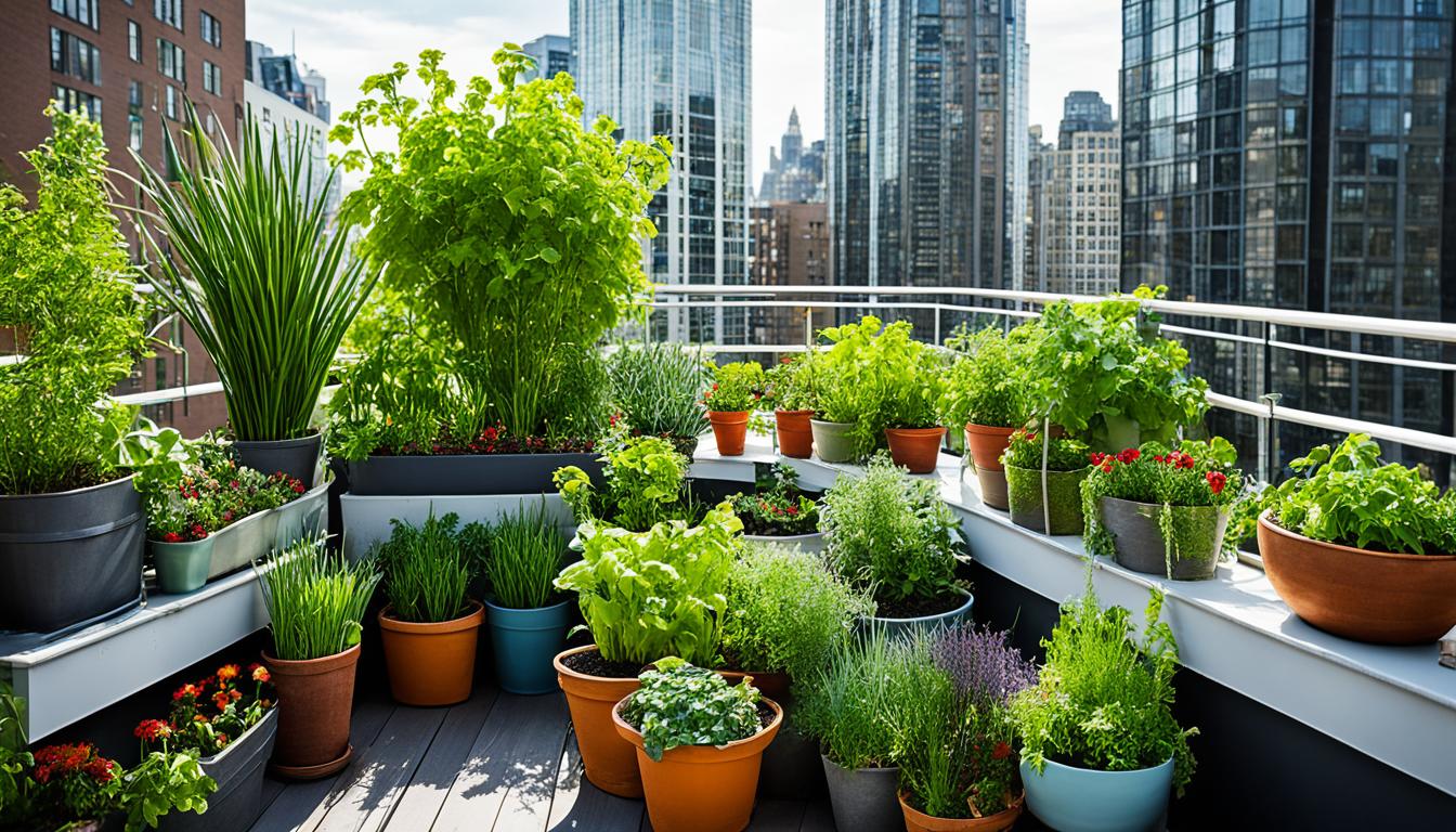 Many plants in containers on a rooftop