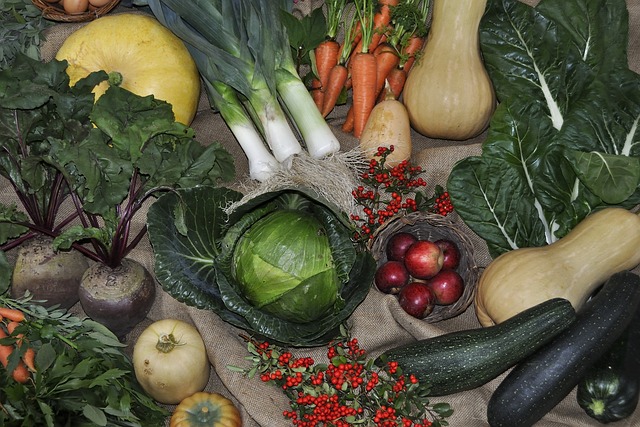 Winter vegetables set out on a table