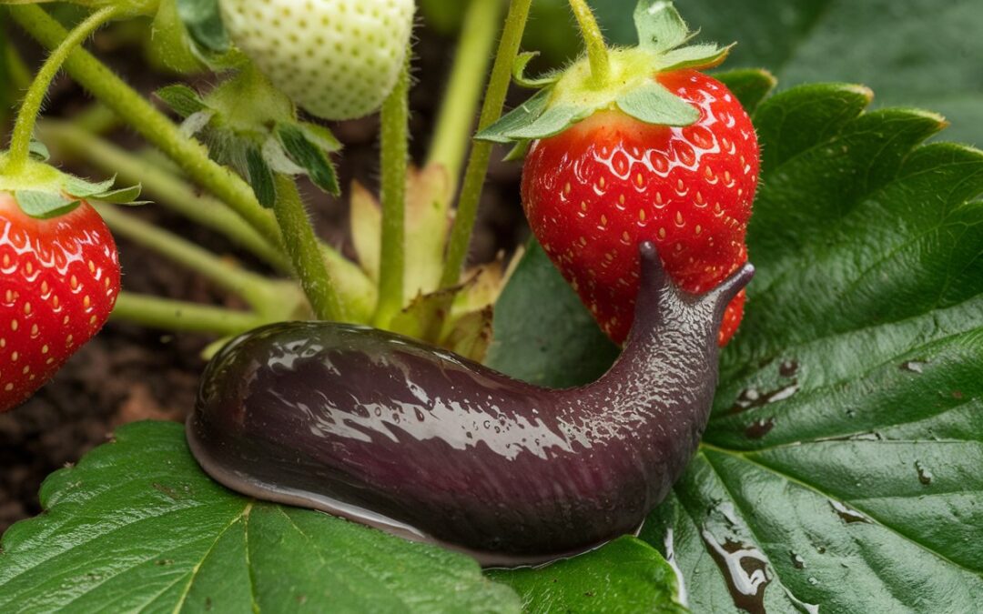 Close up of a slug eating a strawberry