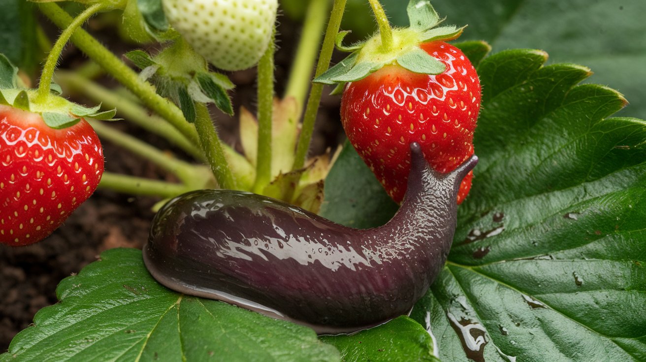 Close up of a slug eating a strawberry